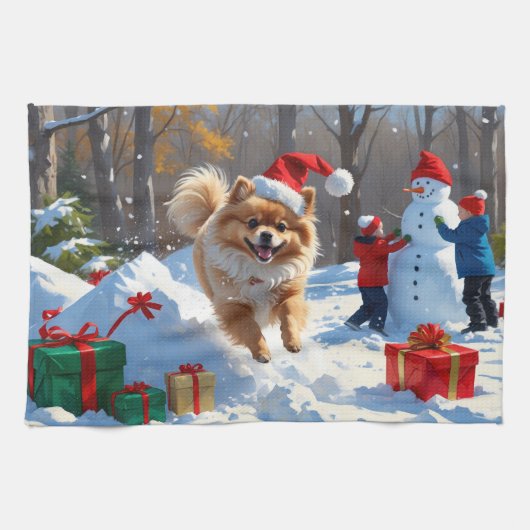 Pomeranian Rent in de Sneeuw met Kerstmuts Theedoek (Horizontaal)