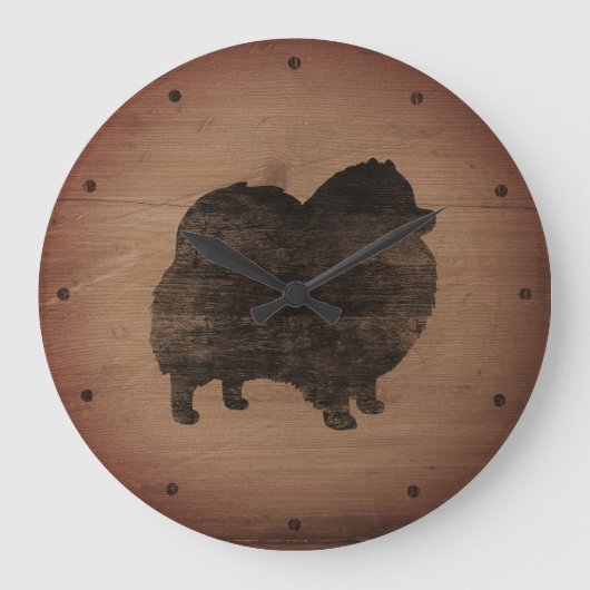 Pomeranian Silhouette Rustic Grote Klok (Voorkant)