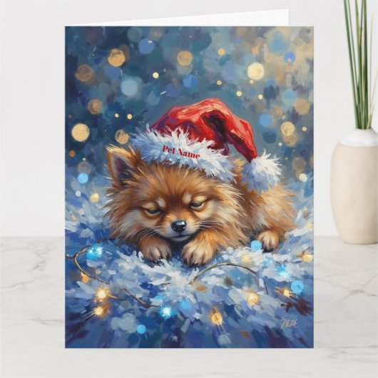 Pomeranian Sleeping on Fairy Lights Christmas Hat Kaart (Voorkant)