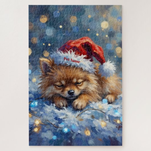 Pomeranian Sleeping on Fairy Lights Christmas Hat Legpuzzel (Verticaal)