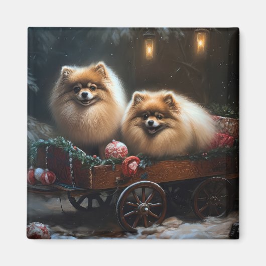 Pomeranian Sneeuw Slede Kerst Decoratie Magneet (Voorkant)
