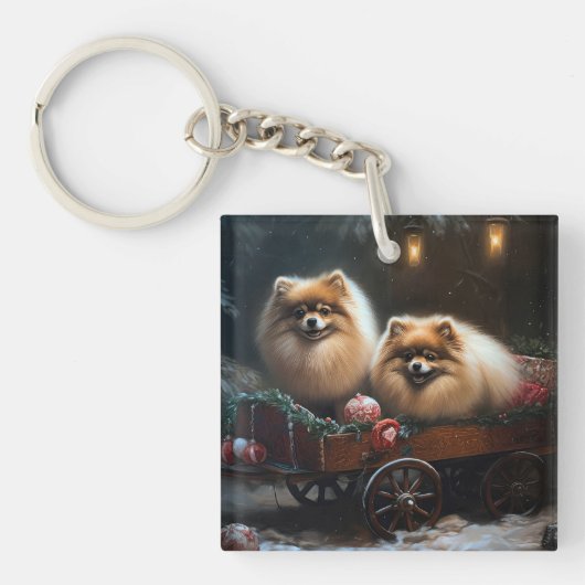 Pomeranian Sneeuw Slede Kerst Decoratie Sleutelhanger (Voorkant)