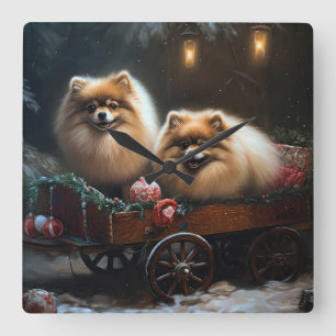 Pomeranian Sneeuw Slede Kerst Decoratie Vierkante Klok