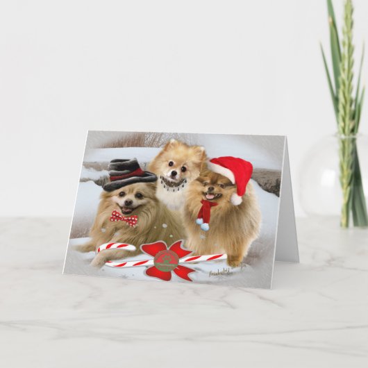 Pomeranian Snow Scene Christmas Kaart (Voorkant)