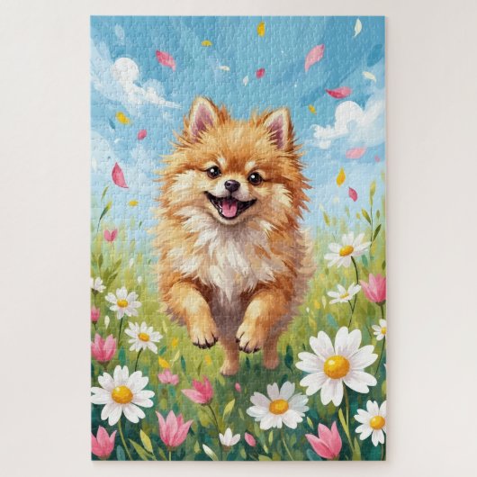 Pomeranian Spring Daisy Field Cute Dog Legpuzzel (Verticaal)