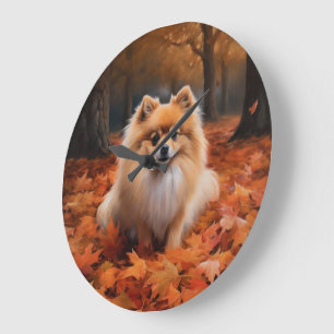 Pomeranian tussen vallende herfstbladeren inspiree grote klok