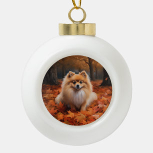 Pomeranian tussen vallende herfstbladeren inspiree keramische bal ornament