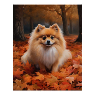 Pomeranian tussen vallende herfstbladeren inspiree perfect poster