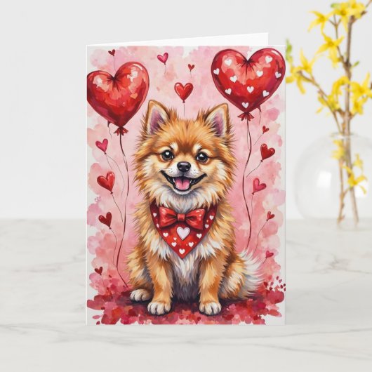 Pomeranian Valentine’s Day Dog with Hearts Red Kaart (Gele Bloem)