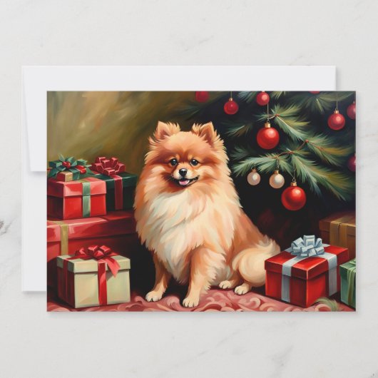 Pomeranian zittend bij kerstboom kaart (Voorkant)