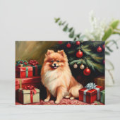 Pomeranian zittend bij kerstboom kaart (Staand voorkant)