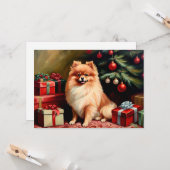 Pomeranian zittend bij kerstboom kaart (Voorkant / Achterkant in situ)
