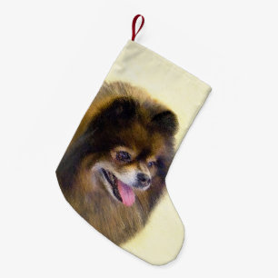 Pomeranian Zwart en Lichtbruin Schilderij Originel Kleine Kerstsok