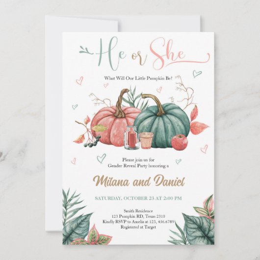 Pomkin Gender onthullen Roze Groene Uitnodiging (Voorkant)