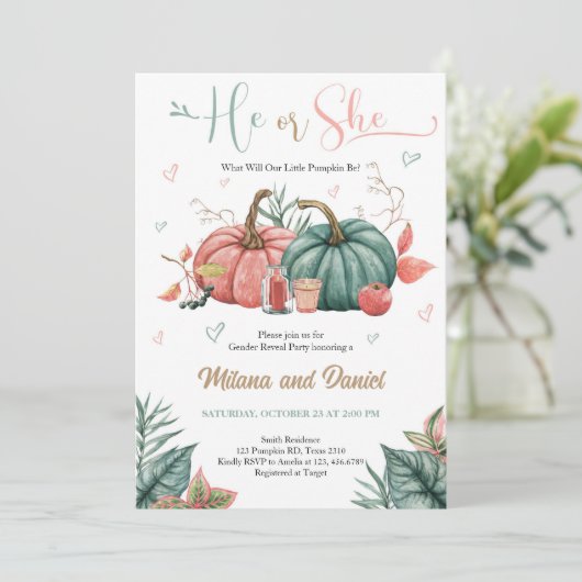 Pomkin Gender onthullen Roze Groene Uitnodiging (Staand voorkant)