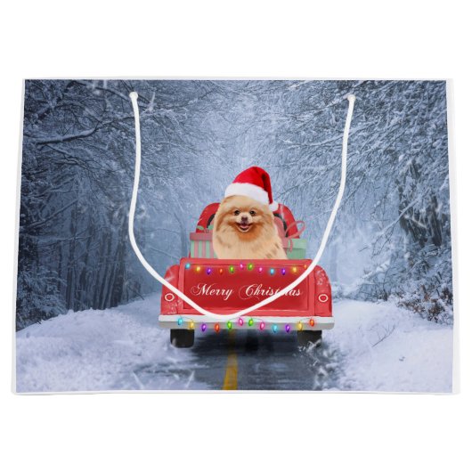 Pommeraanse hond op sneeuw in kerstmis groot cadeauzakje (Voorkant)