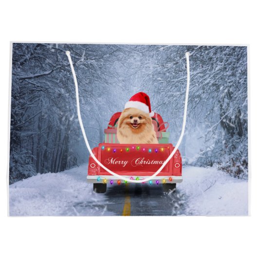 Pommeraanse hond op sneeuw in kerstmis groot cadeauzakje (Achterkant)