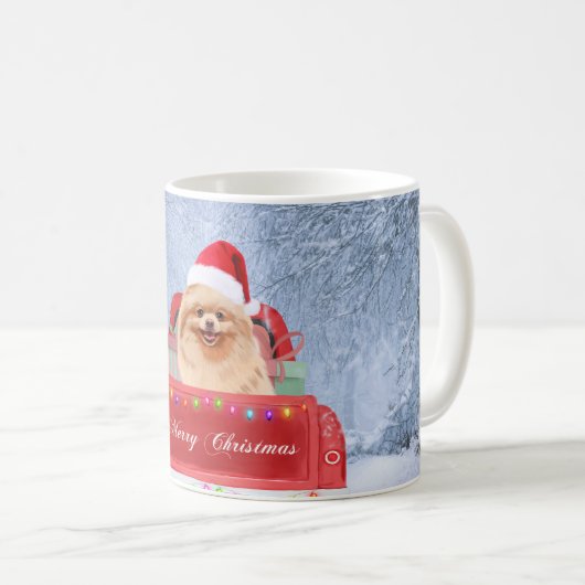 Pommeraanse hond op sneeuw in kerstmis koffiemok (Voorkant rechts)