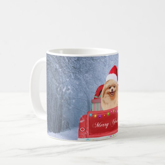 Pommeraanse hond op sneeuw in kerstmis koffiemok (Voorkant links)