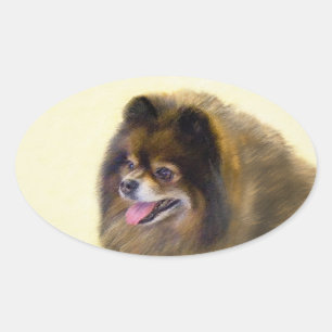 Pommeren Black en Tan Painting Original Dog Art Ovale Sticker