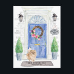 Pommeren Briefkaart van de Verplaatsingsaankondigi<br><div class="desc">kondig je nieuwe adres aan met onze stijlvolle aankondiging met een Pommeren,  een blauwe voordeur aan de voorzijde,  een welkome mat,  een leisteen,  een staartje,  een topiaries en een florale kreet op een grijze achtergrond.</div>