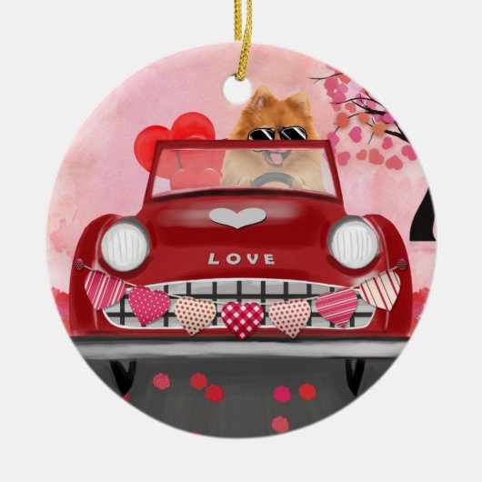Pommeren Dog-auto met hart Valentijnse Keramisch Ornament (Voorkant)