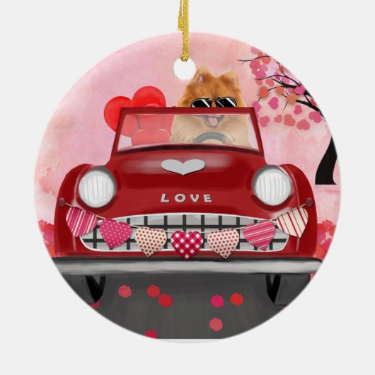 Pommeren Dog-auto met hart Valentijnse Keramisch Ornament (Achterkant)