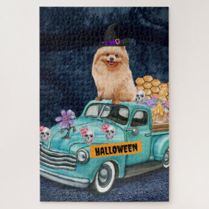 Pommeren Dog Halloween Truck Scary Night Legpuzzel
