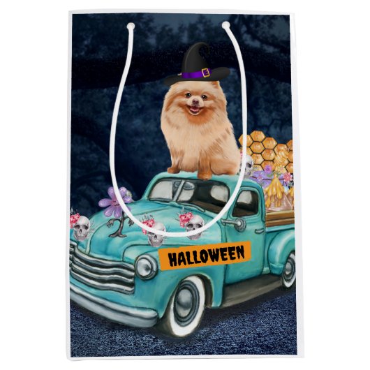 Pommeren Dog Halloween Truck Scary Night Medium Cadeauzakje (Voorkant)