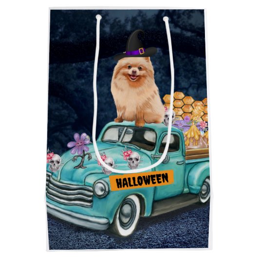 Pommeren Dog Halloween Truck Scary Night Medium Cadeauzakje (Achterkant)