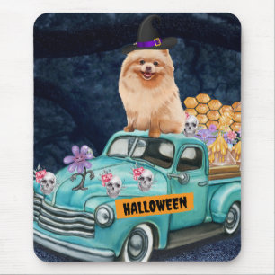 Pommeren Dog Halloween Truck Scary Night Muismat
