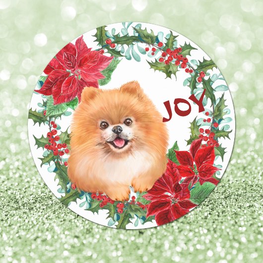 Pommeren Dog Joy Poinsettia Kerstmis Wreath Ronde Sticker