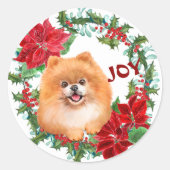 Pommeren Dog Joy Poinsettia Kerstmis Wreath Ronde Sticker (Voorkant)