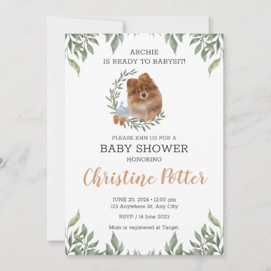 Pommeren Dog Puppy Greenery Boho Baby shower Kaart (Voorkant)