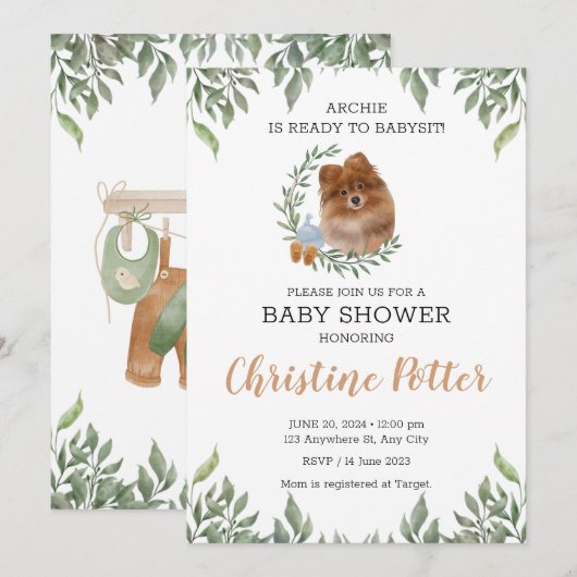 Pommeren Dog Puppy Greenery Boho Baby shower Kaart (Voorkant / Achterkant)