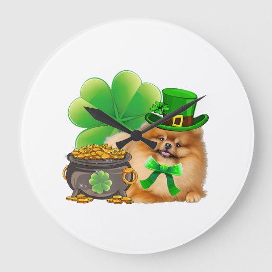 Pommeren Dog Shamrock St Patricks Day Dog Irish Grote Klok (Voorkant)