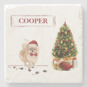 Pommeren Funny-kersthond met boom Stenen Onderzetter (Voorkant)