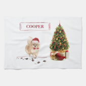 Pommeren Funny-kersthond met boom Theedoek (Horizontaal)