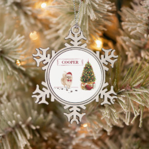 Pommeren Funny-kersthond met boom Tin Sneeuwvlok Ornament
