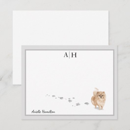 Pommeren Gray Border Monogram gepersonaliseerd in  Notitiekaartje (Voorkant / Achterkant)