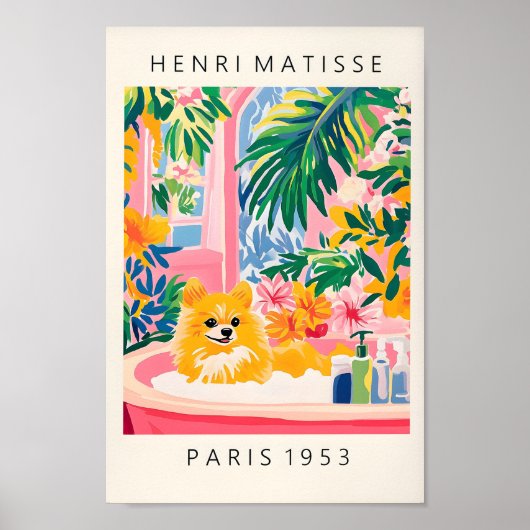 Pommeren in bad, Dog Art Print, roze dopamine Poster (Voorkant)