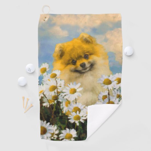 Pommeren in Daisies schilderen - Oorspronkelijke h Golfhanddoek (Insitu)