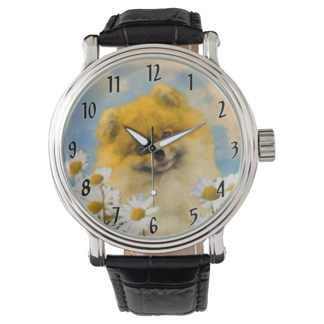 Pommeren in Daisies schilderen - Oorspronkelijke h Horloge (Voorkant)