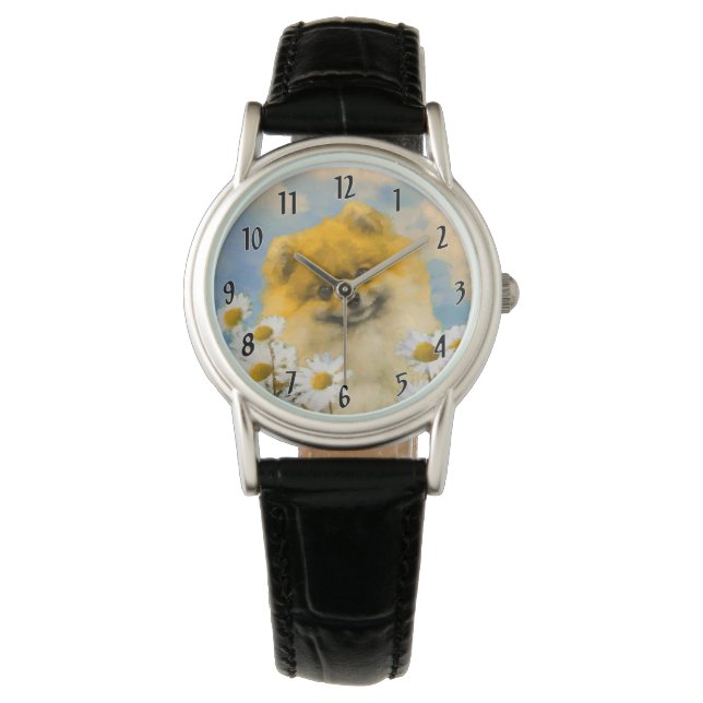 Pommeren in Daisies schilderen - Oorspronkelijke h Horloge (Voorkant)
