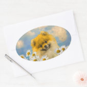 Pommeren in Daisies schilderen - Oorspronkelijke h Ovale Sticker (Envelop)