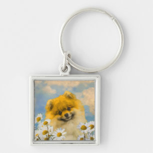 Pommeren in Daisies schilderen - Oorspronkelijke h Sleutelhanger