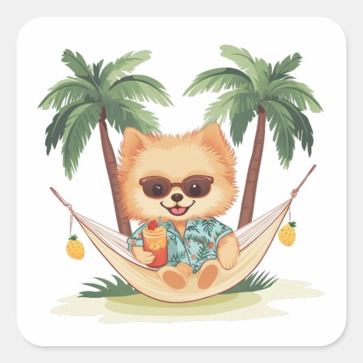 Pommeren in een hangmat Hawaiiaans Shirt Vierkante Sticker (Voorkant)