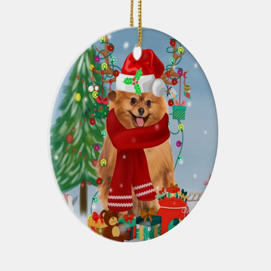 Pommeren met kerstcadeautjes keramisch ornament (Rechts)