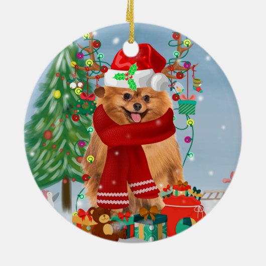 Pommeren met kerstcadeautjes keramisch ornament (Achterkant)