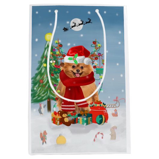 Pommeren met kerstcadeautjes medium cadeauzakje (Voorkant)